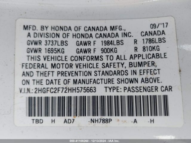 Photo 8 VIN: 2HGFC2F72HH575663 - HONDA CIVIC 