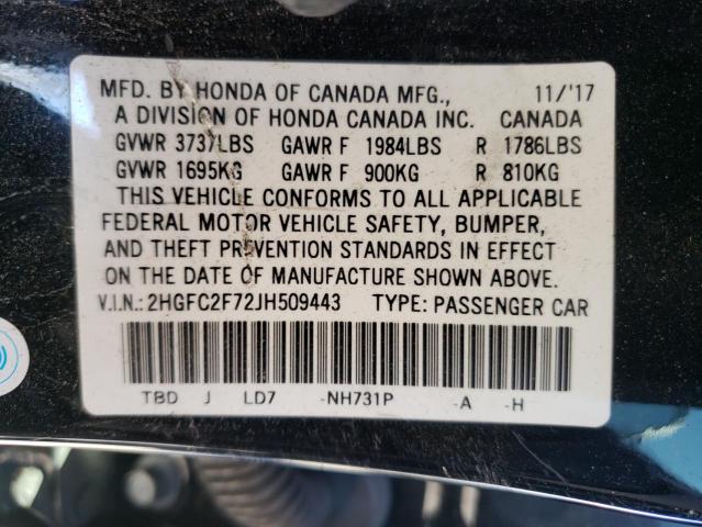 Photo 9 VIN: 2HGFC2F72JH509443 - HONDA CIVIC EX 