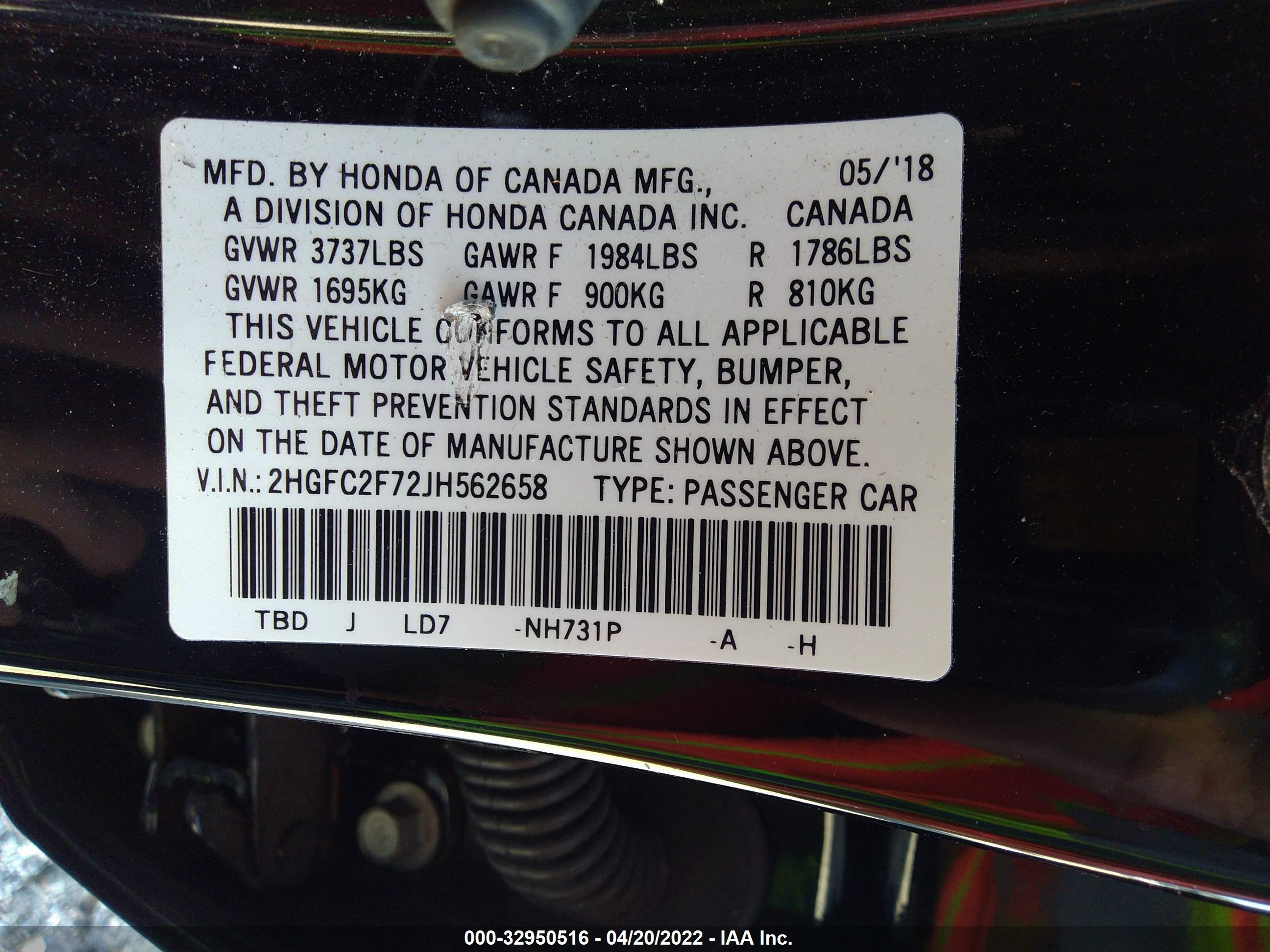 Photo 8 VIN: 2HGFC2F72JH562658 - HONDA CIVIC 