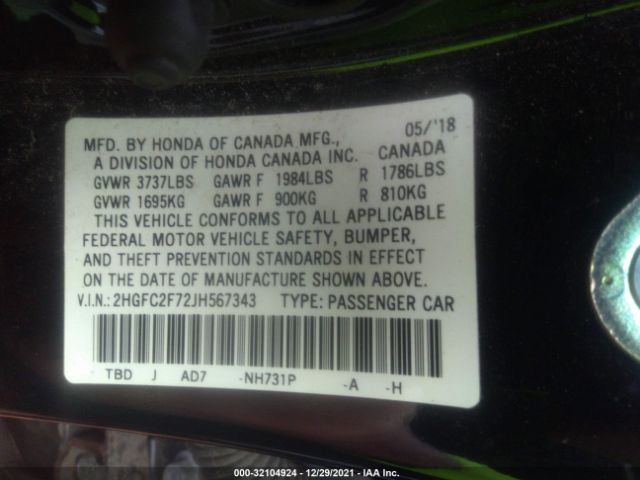 Photo 8 VIN: 2HGFC2F72JH567343 - HONDA CIVIC SEDAN 