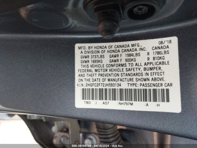 Photo 8 VIN: 2HGFC2F72JH593134 - HONDA CIVIC 