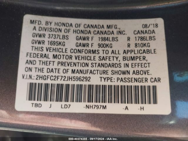 Photo 8 VIN: 2HGFC2F72JH596292 - HONDA CIVIC 