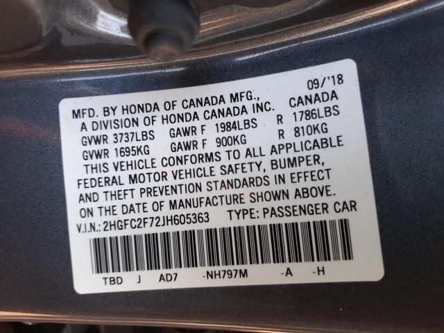 Photo 9 VIN: 2HGFC2F72JH605363 - HONDA CIVIC EX 