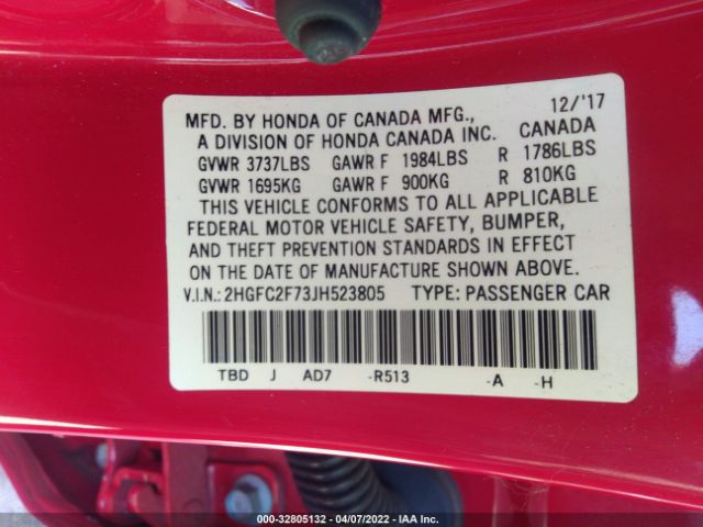 Photo 8 VIN: 2HGFC2F73JH523805 - HONDA CIVIC SEDAN 