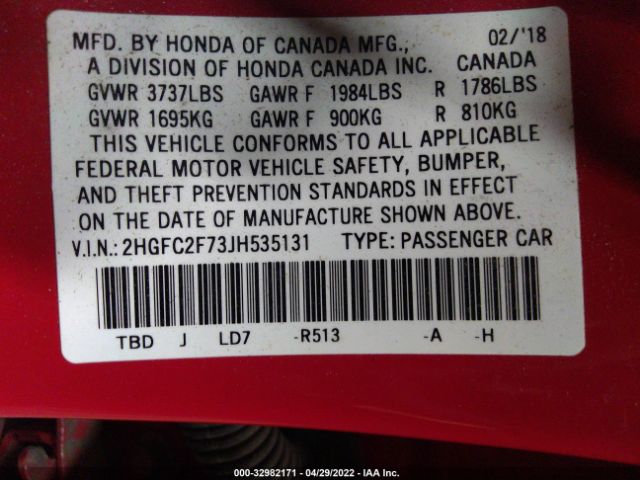 Photo 8 VIN: 2HGFC2F73JH535131 - HONDA CIVIC SEDAN 