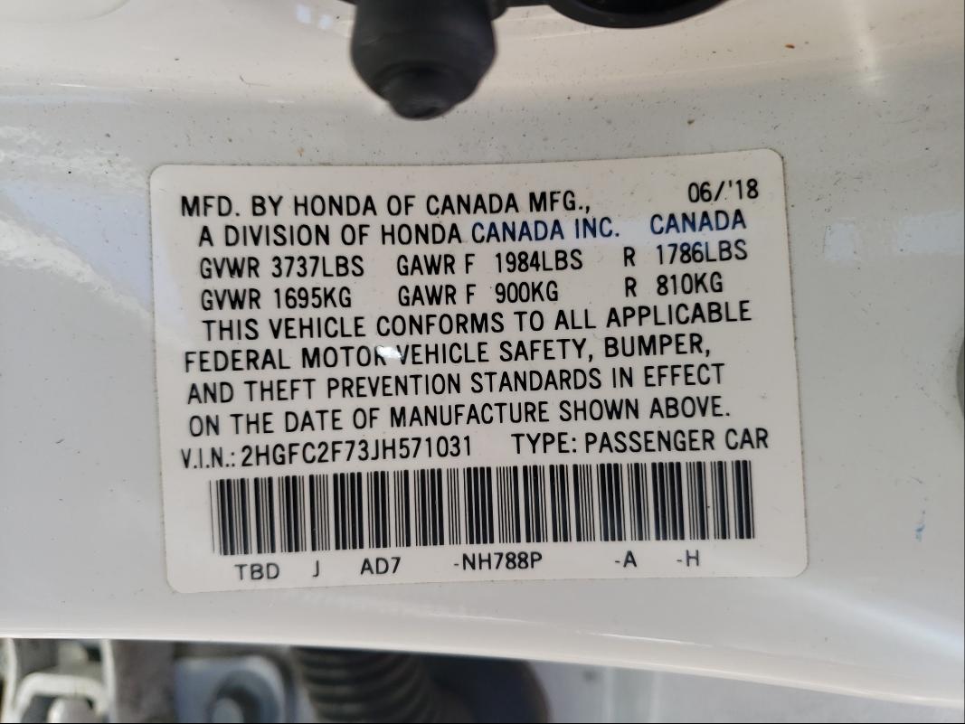 Photo 9 VIN: 2HGFC2F73JH571031 - HONDA CIVIC EX 