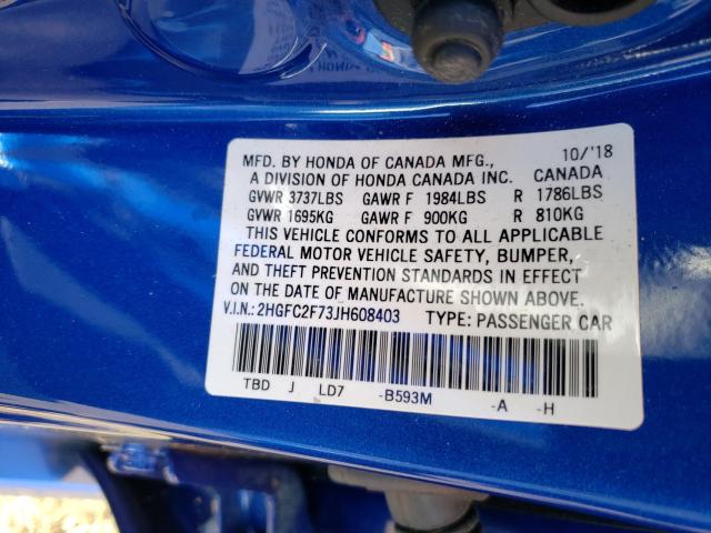 Photo 9 VIN: 2HGFC2F73JH608403 - HONDA CIVIC EX 