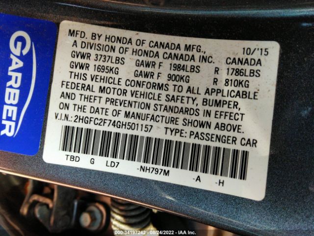 Photo 8 VIN: 2HGFC2F74GH501157 - HONDA CIVIC SEDAN 