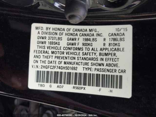 Photo 8 VIN: 2HGFC2F74GH501692 - HONDA CIVIC 