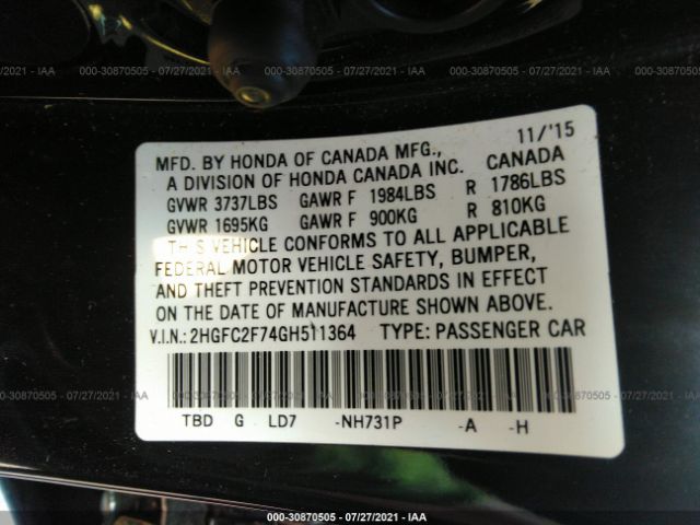 Photo 8 VIN: 2HGFC2F74GH511364 - HONDA CIVIC SEDAN 