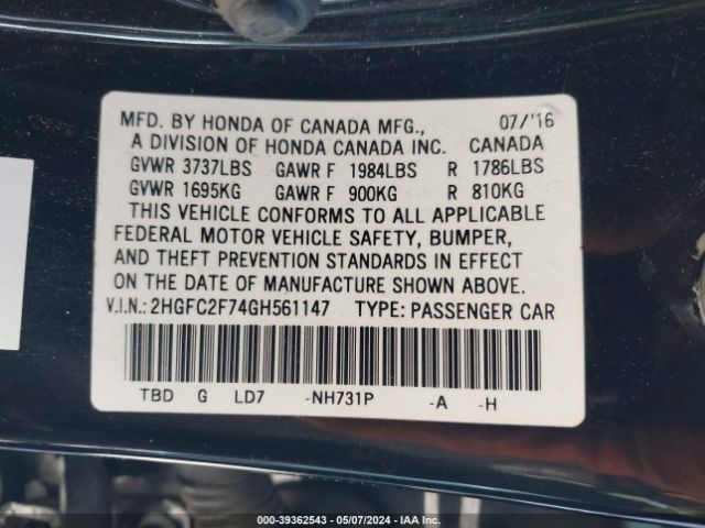 Photo 8 VIN: 2HGFC2F74GH561147 - HONDA CIVIC 