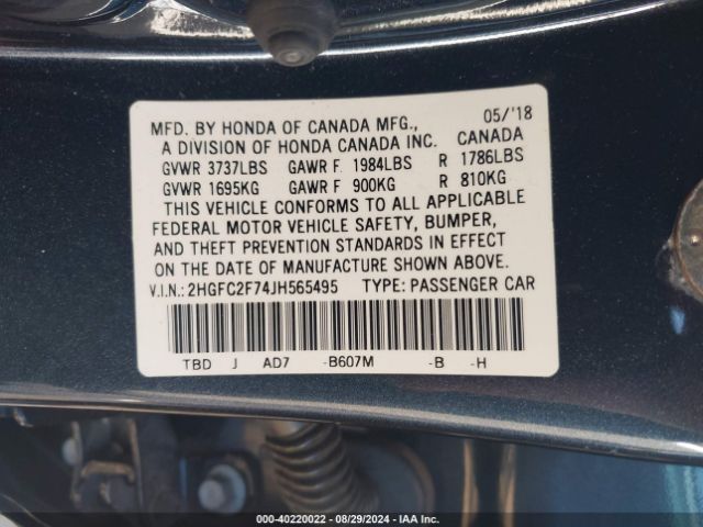 Photo 8 VIN: 2HGFC2F74JH565495 - HONDA CIVIC 