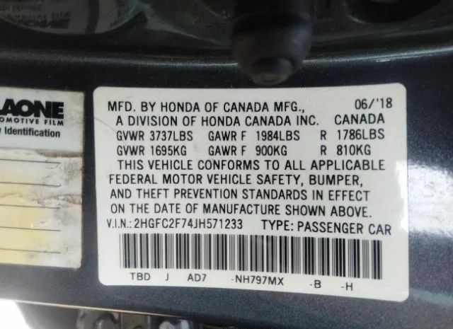 Photo 8 VIN: 2HGFC2F74JH571233 - HONDA CIVIC SEDAN 