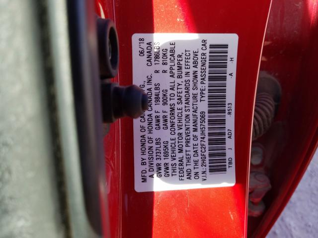 Photo 9 VIN: 2HGFC2F74JH575069 - HONDA CIVIC EX 