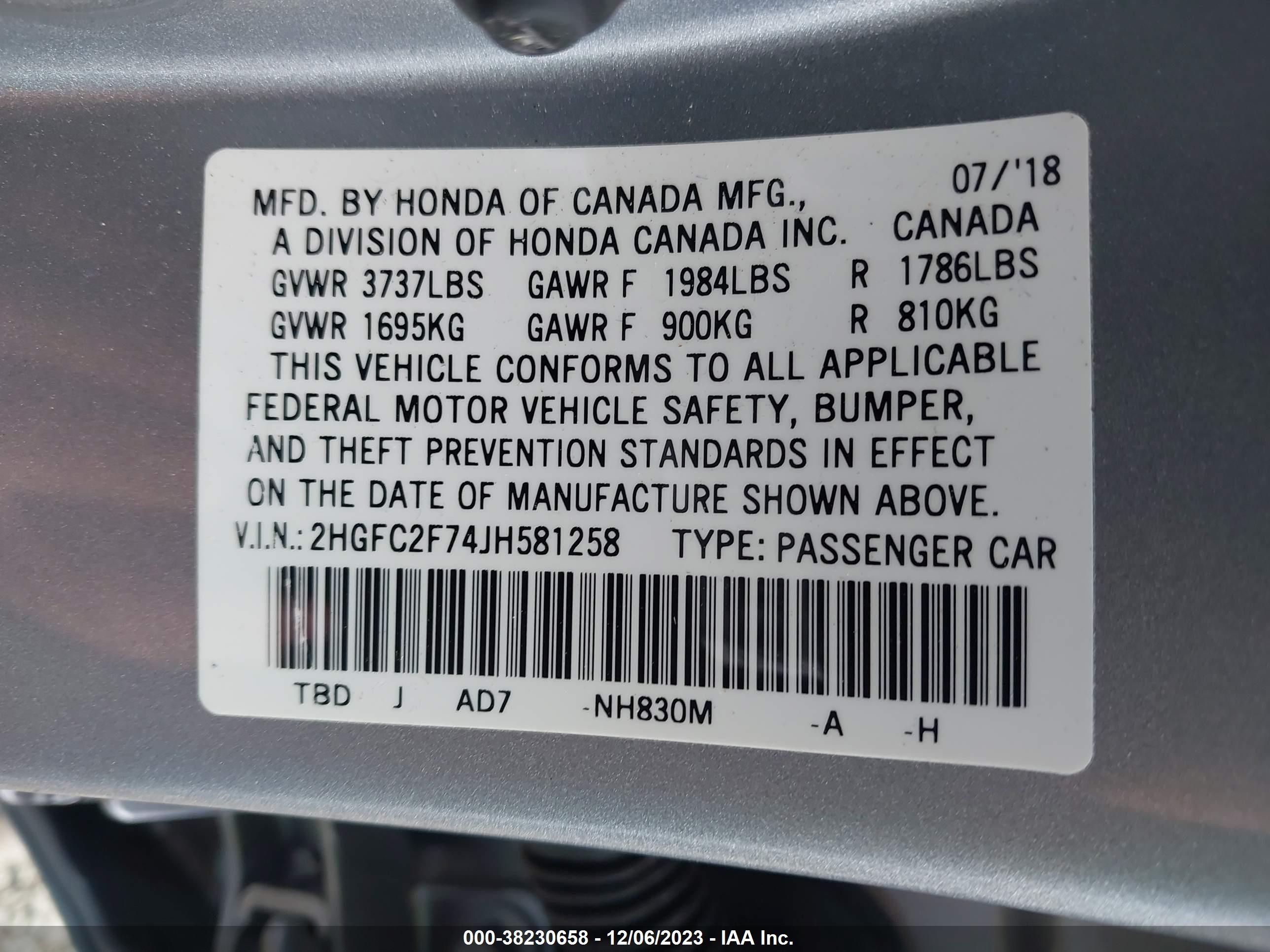 Photo 8 VIN: 2HGFC2F74JH581258 - HONDA CIVIC 