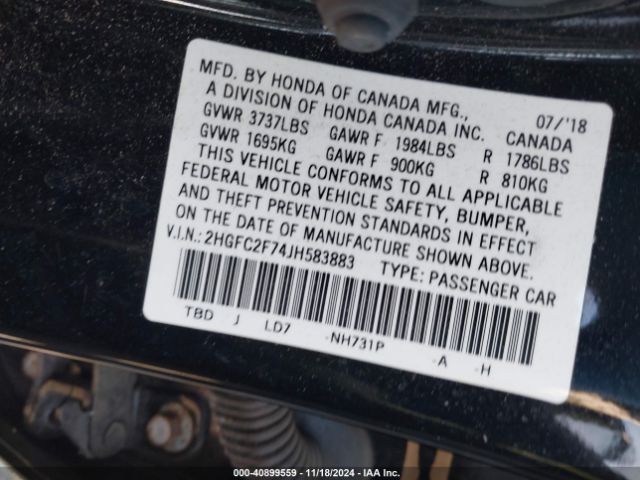 Photo 8 VIN: 2HGFC2F74JH583883 - HONDA CIVIC 