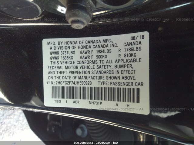 Photo 8 VIN: 2HGFC2F74JH590929 - HONDA CIVIC SEDAN 