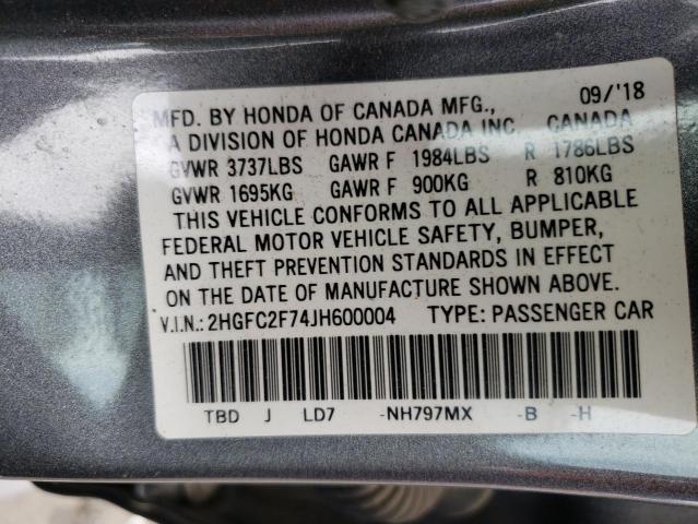 Photo 9 VIN: 2HGFC2F74JH600004 - HONDA CIVIC EX 