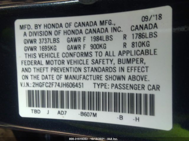 Photo 8 VIN: 2HGFC2F74JH606451 - HONDA CIVIC SEDAN 