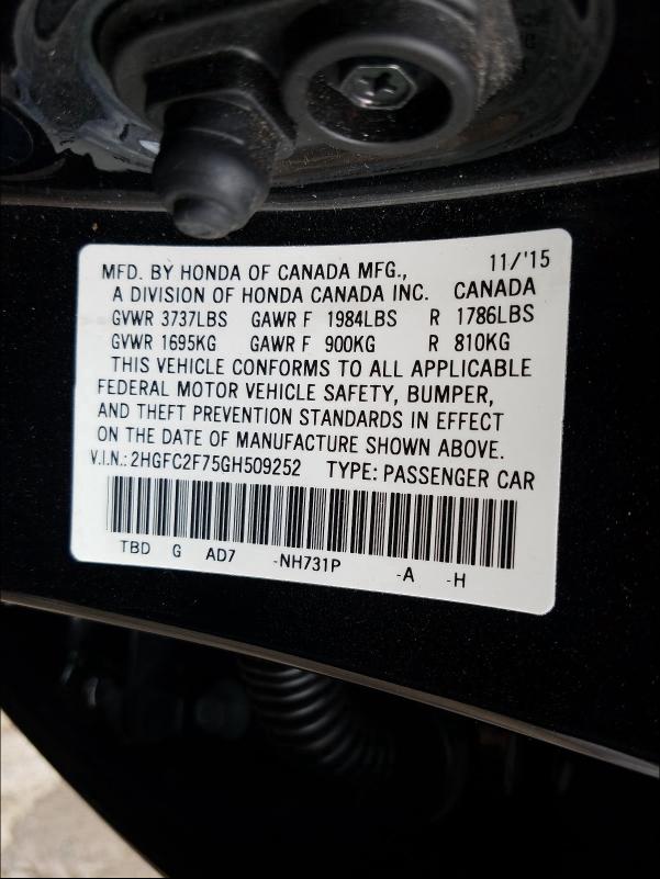 Photo 9 VIN: 2HGFC2F75GH509252 - HONDA CIVIC 