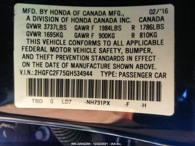 Photo 8 VIN: 2HGFC2F75GH534944 - HONDA CIVIC SEDAN 