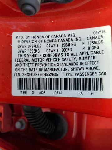 Photo 11 VIN: 2HGFC2F75GH552635 - HONDA CIVIC 