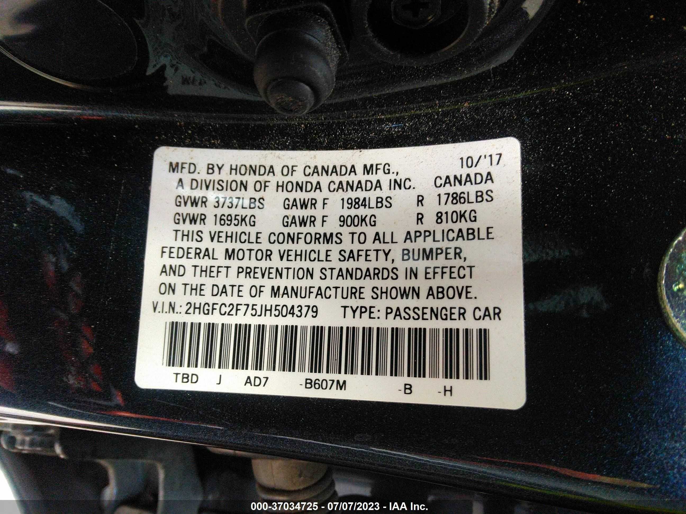 Photo 8 VIN: 2HGFC2F75JH504379 - HONDA CIVIC 