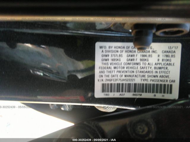 Photo 8 VIN: 2HGFC2F75JH522221 - HONDA CIVIC SEDAN 