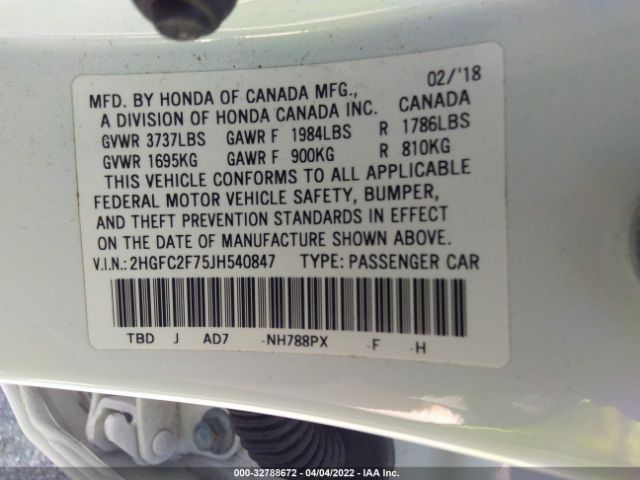 Photo 8 VIN: 2HGFC2F75JH540847 - HONDA CIVIC SEDAN 