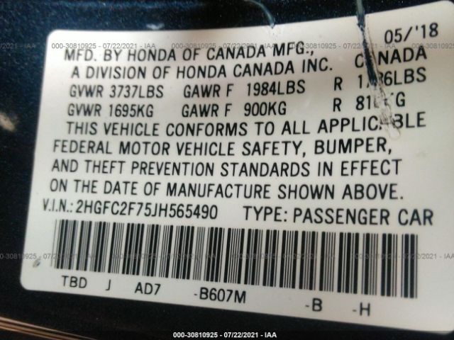 Photo 8 VIN: 2HGFC2F75JH565490 - HONDA CIVIC SEDAN 