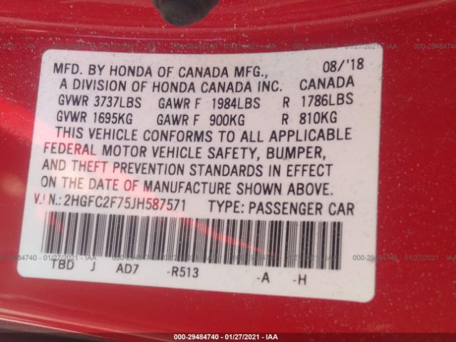 Photo 8 VIN: 2HGFC2F75JH587571 - HONDA CIVIC SEDAN 