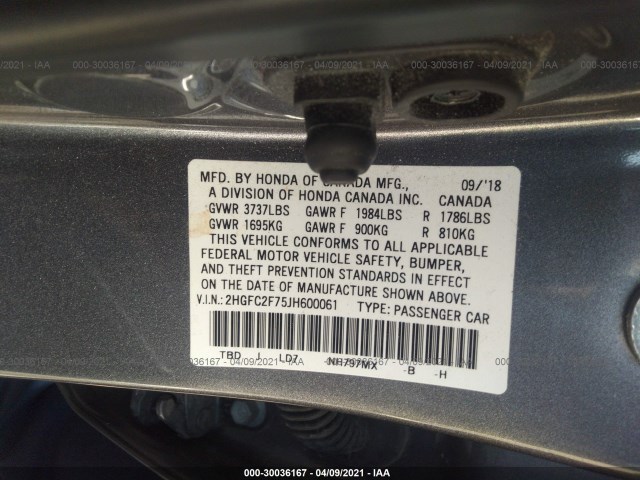 Photo 8 VIN: 2HGFC2F75JH600061 - HONDA CIVIC SEDAN 