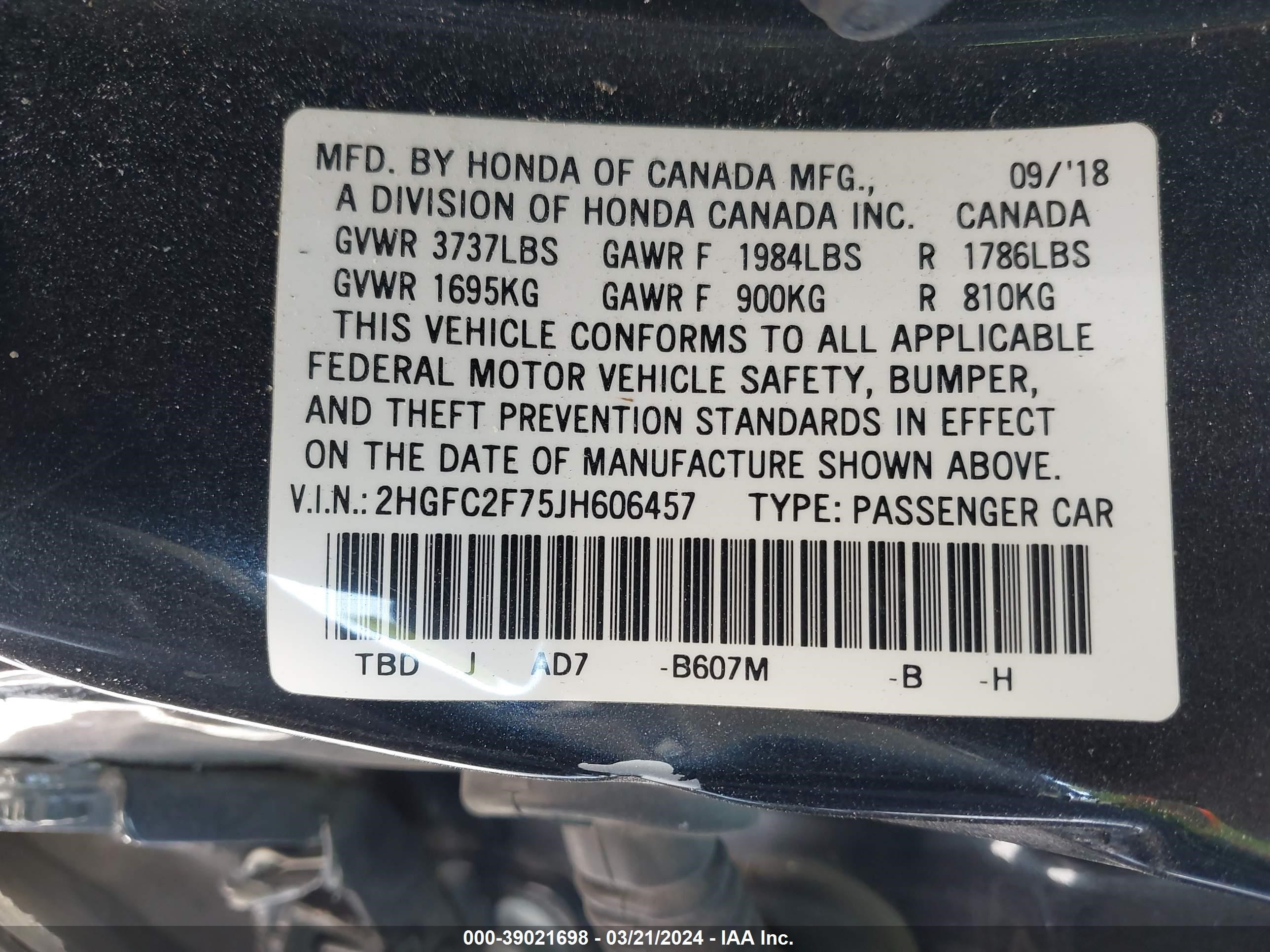 Photo 8 VIN: 2HGFC2F75JH606457 - HONDA CIVIC 