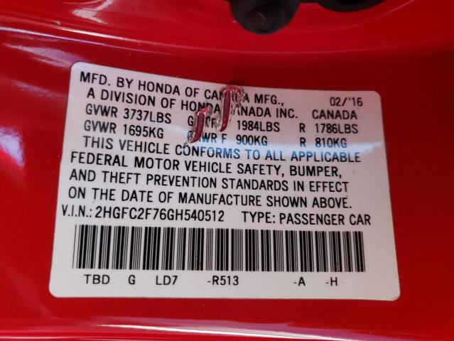 Photo 9 VIN: 2HGFC2F76GH540512 - HONDA CIVIC EX 