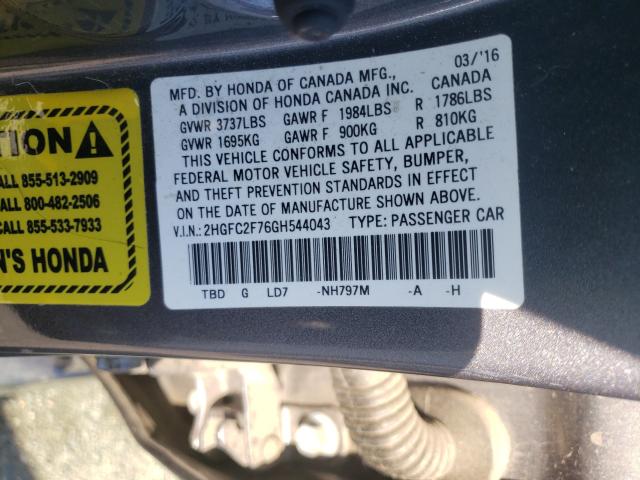 Photo 9 VIN: 2HGFC2F76GH544043 - HONDA CIVIC EX 