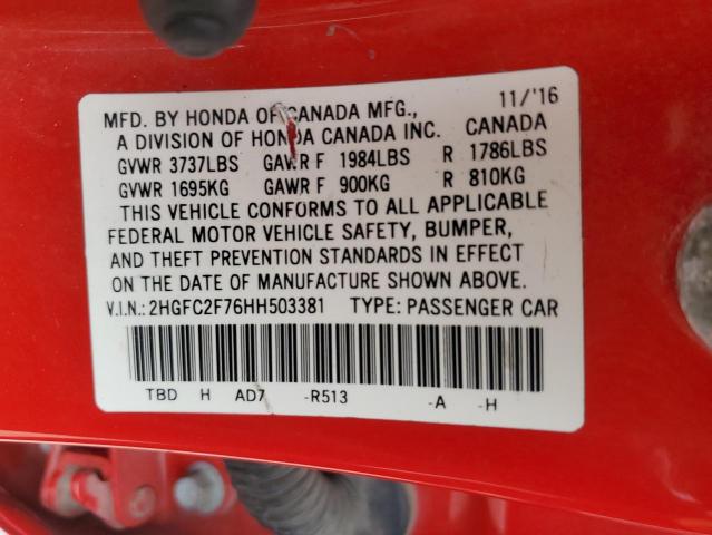 Photo 11 VIN: 2HGFC2F76HH503381 - HONDA CIVIC EX 