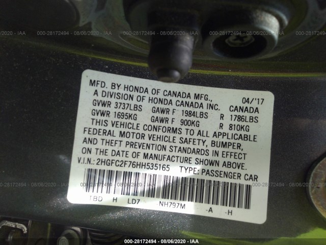 Photo 8 VIN: 2HGFC2F76HH535165 - HONDA CIVIC SEDAN 