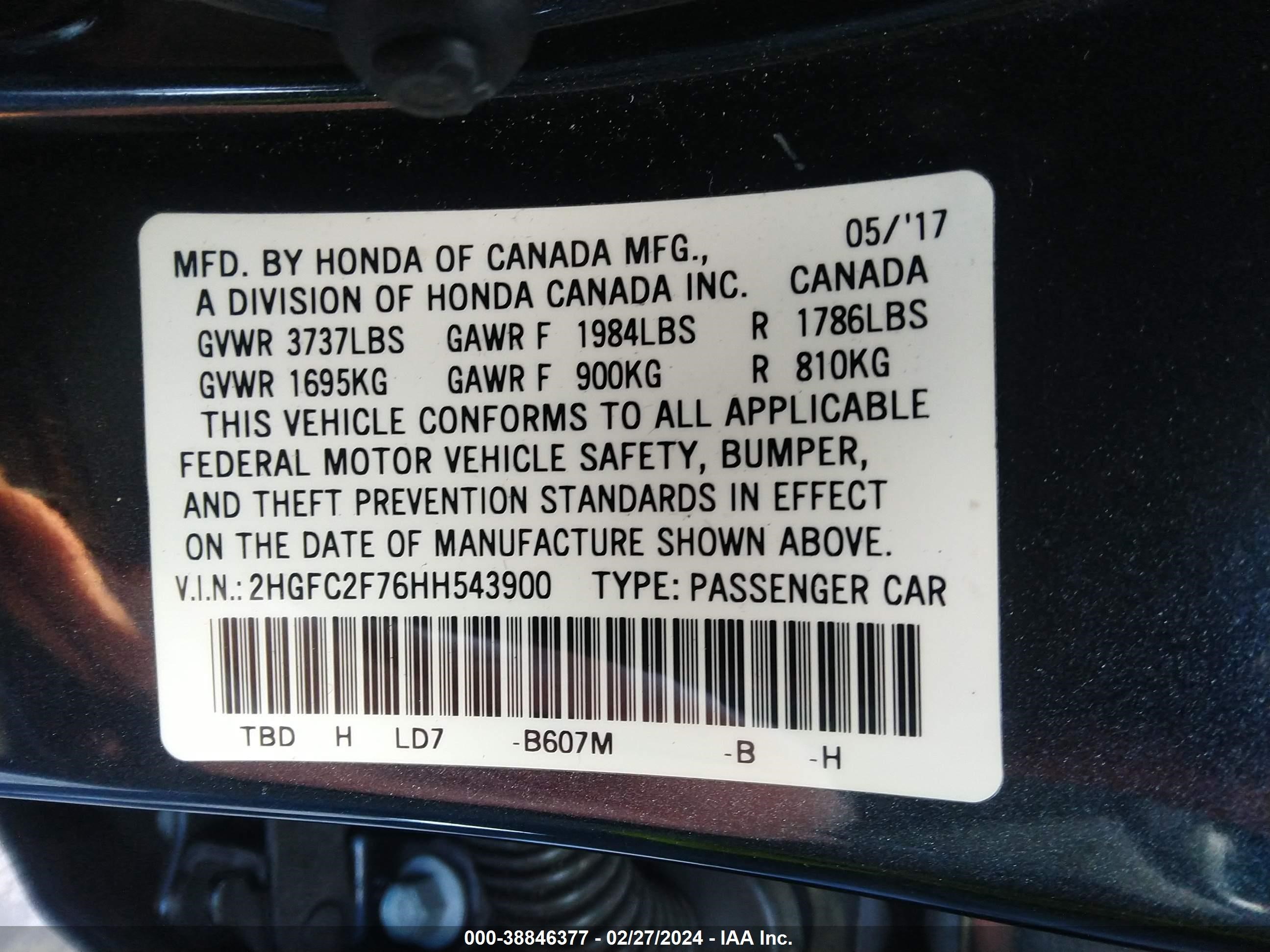 Photo 8 VIN: 2HGFC2F76HH543900 - HONDA CIVIC 