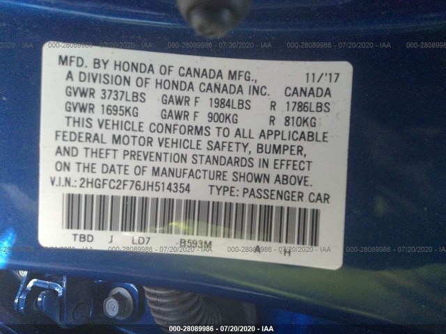 Photo 8 VIN: 2HGFC2F76JH514354 - HONDA CIVIC SEDAN 