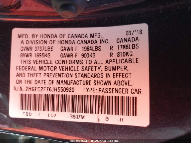 Photo 8 VIN: 2HGFC2F76JH550920 - HONDA CIVIC 