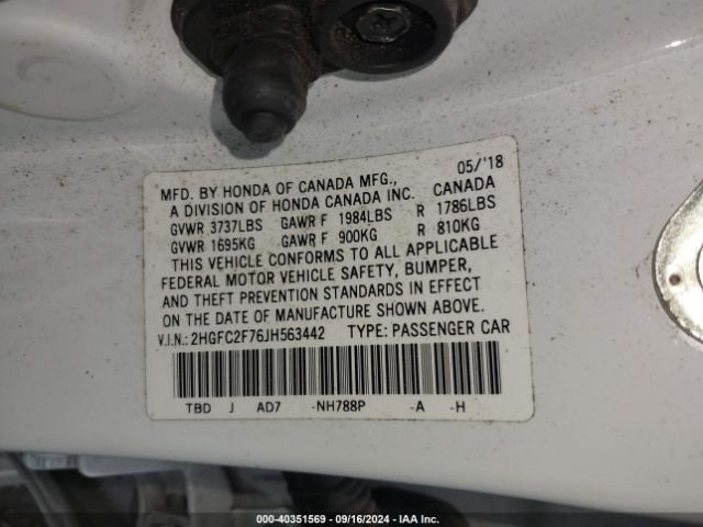 Photo 8 VIN: 2HGFC2F76JH563442 - HONDA CIVIC 