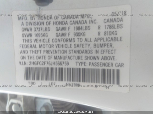 Photo 8 VIN: 2HGFC2F76JH566759 - HONDA CIVIC SEDAN 