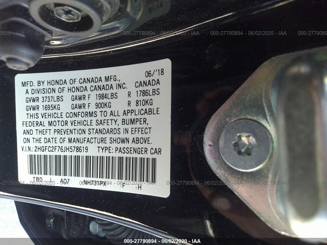 Photo 8 VIN: 2HGFC2F76JH578619 - HONDA CIVIC SEDAN 