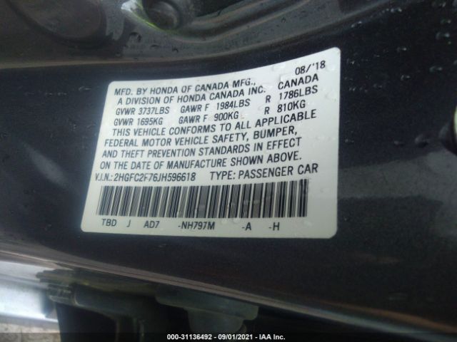 Photo 8 VIN: 2HGFC2F76JH596618 - HONDA CIVIC SEDAN 