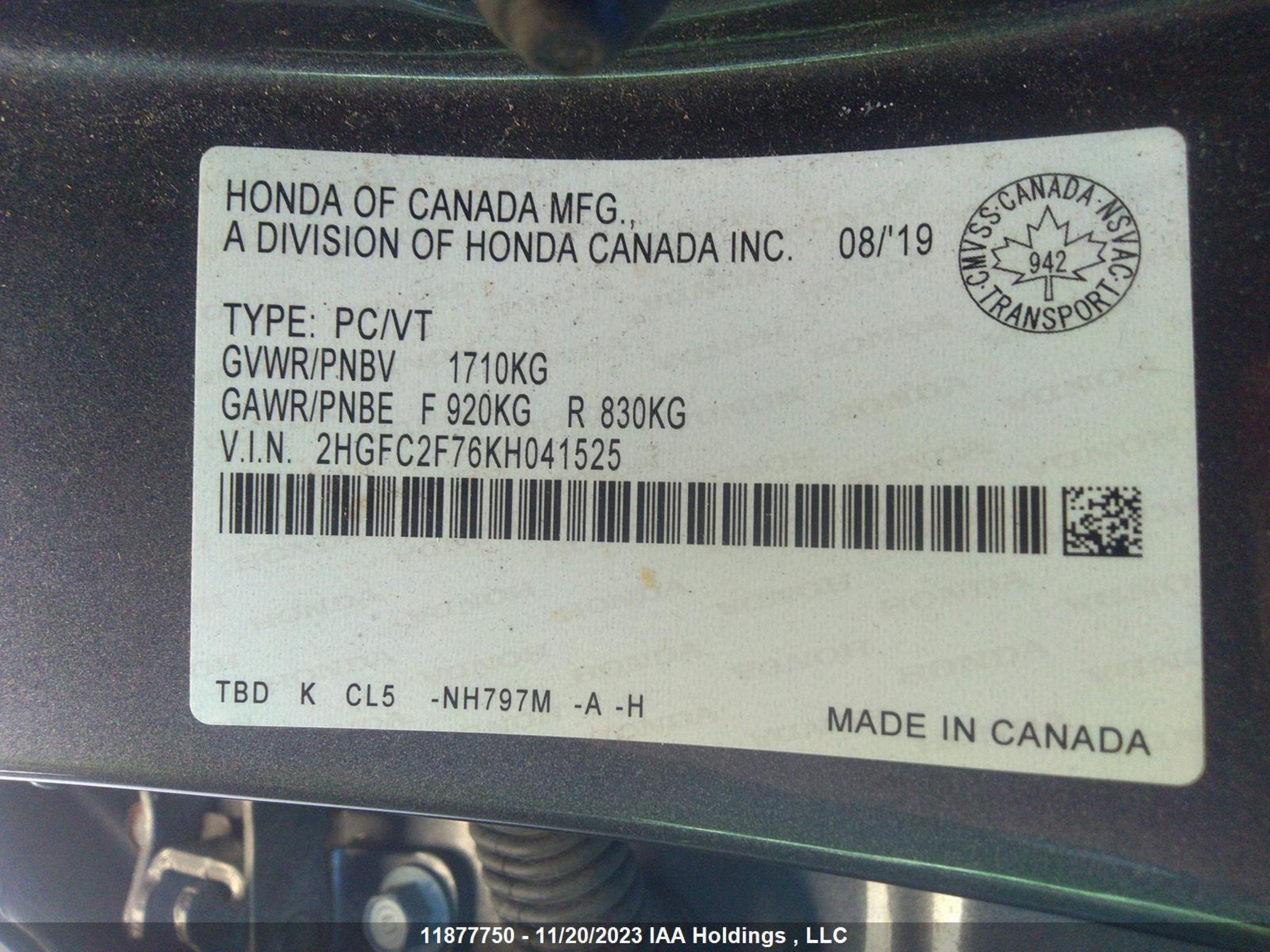 Photo 8 VIN: 2HGFC2F76KH041525 - HONDA CIVIC 