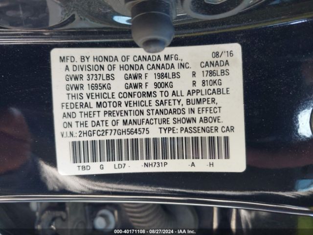 Photo 8 VIN: 2HGFC2F77GH564575 - HONDA CIVIC 