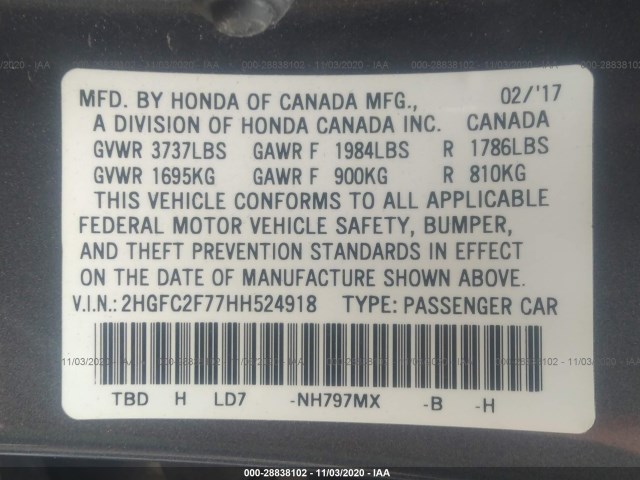 Photo 8 VIN: 2HGFC2F77HH524918 - HONDA CIVIC SEDAN 