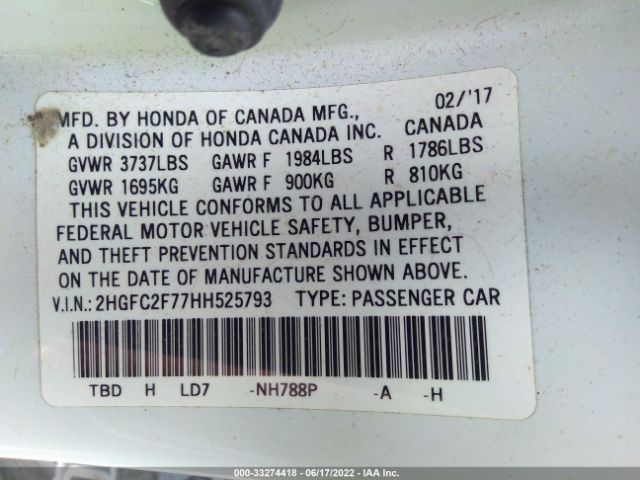 Photo 8 VIN: 2HGFC2F77HH525793 - HONDA CIVIC SEDAN 