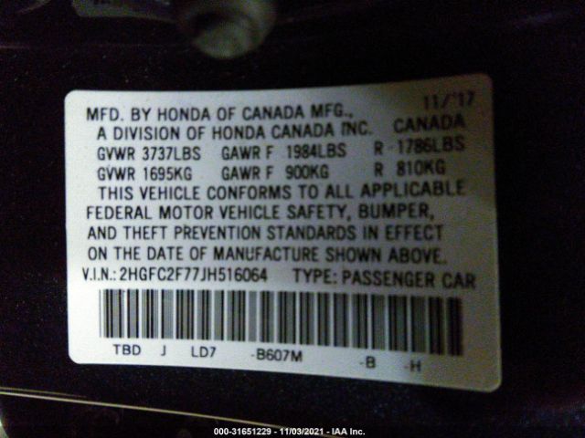 Photo 8 VIN: 2HGFC2F77JH516064 - HONDA CIVIC SEDAN 