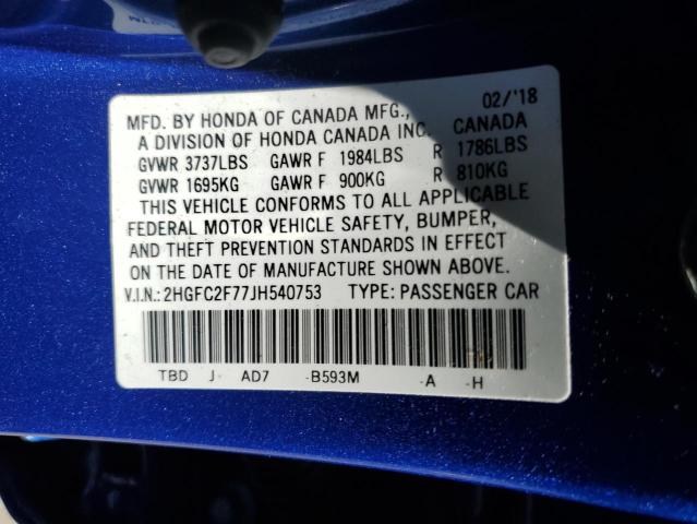 Photo 11 VIN: 2HGFC2F77JH540753 - HONDA CIVIC EX 